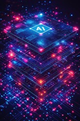 Wall Mural - futuristic ai icon in bright neon lights on a digital background