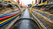 © abu - Close-up of a sewer pipe installation in an excavation trench with layered soil and workers.