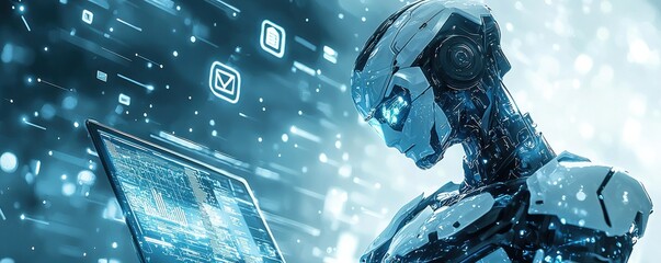 Wall Mural - cybernetic robot engaging with futuristic digital technology and data analysis