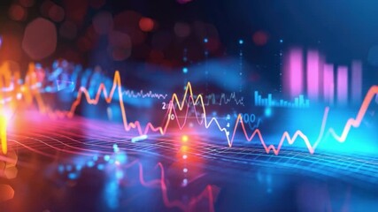 Wall Mural - colorful abstract digital sound waves with glowing nodes and lines on dark background 4k video foota