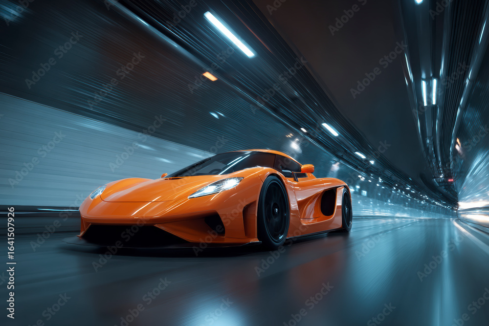 Orange sports car speeding through a brightly lit tunnel, motion blur ...