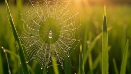 Dew drops sparkling on spiderwebs in early morning meadow light