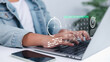 © Thawatchai Images - Person using laptop with digital calendar, clock, and target icons overlay, symbolizing effective time management, strategic planning, goal setting, and improving work efficiency and productivity.