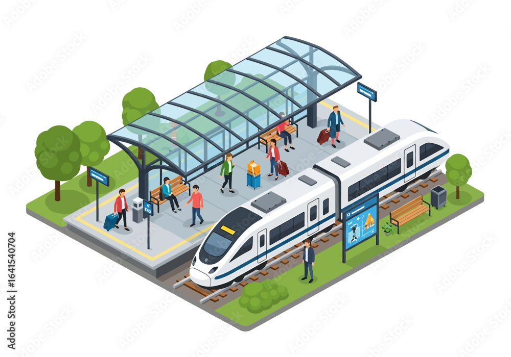 Modern Train Isometric 3D isometric illustration of a modern train station with a high-speed ...