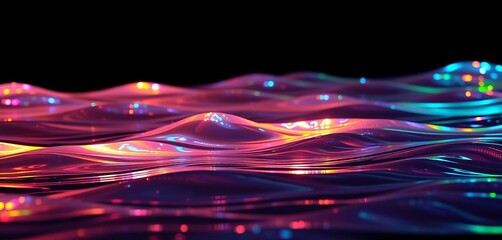 Wall Mural - Iridescent waves shimmer across a dark, reflective surface, creating an abstract, luminous landscape,  reflective,  ripple