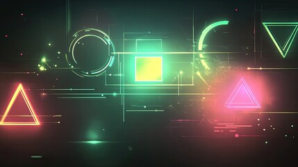 Vibrant Neon Geometric Abstract Background with Glowing Shapes and Interconnected Lines