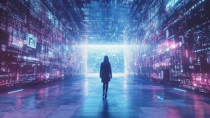 Woman walking in futuristic metaverse tunnel with data flowing