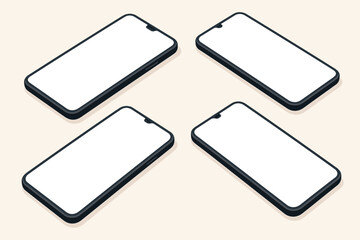 Isometric smartphone mockup set, blank mobile phone screens, unbranded device collection, top perspective template, digital device showcase, white empty screens, web app UI display
