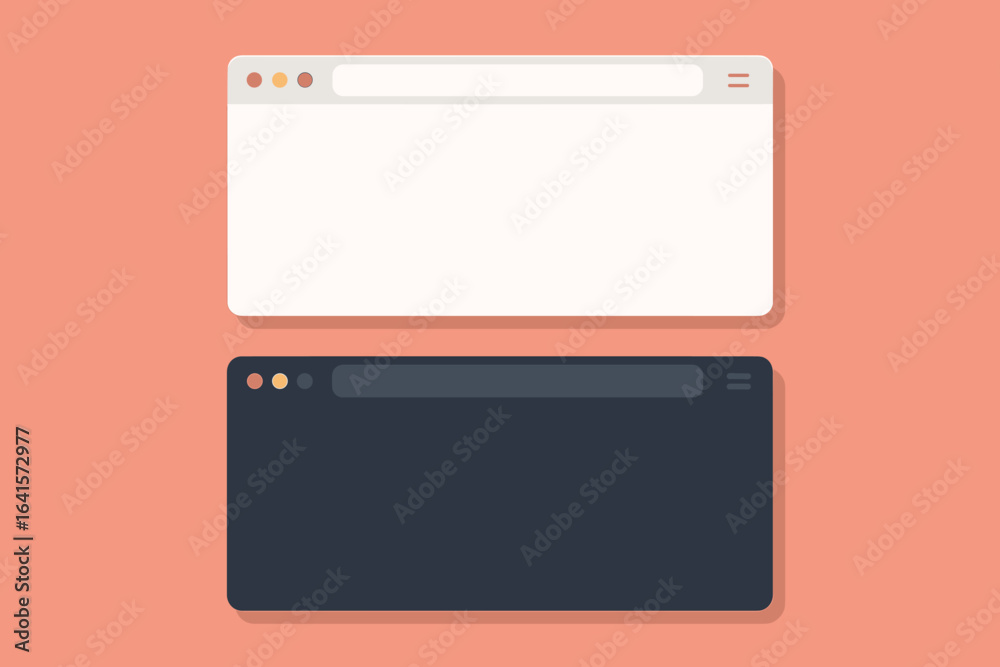 Blank browser window interface vector set, light and dark mode empty ...