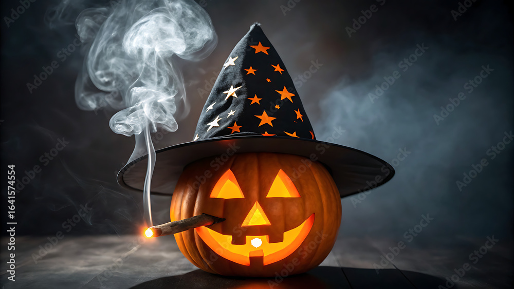 Spooky jack o lantern wearing a witch hat and smoking a cigarette with ...
