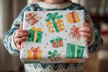 Wall Mural - Child holding a decorated gift box with colorful wrapping paper in a cozy indoor setting