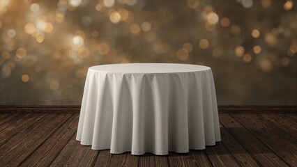 Wall Mural - wooden table with a cloth set against a blurred light backdrop
