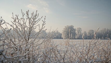 Wall Mural - rural winter scene featuring snow-laden trees and plants