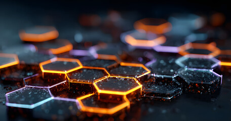 Wall Mural - abstract hexagonal grid. glowing lines connect shapes. blue, purple, orange colors dominate dark bac