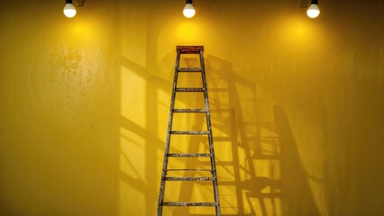 Wall Mural - a used construction ladder with colorful paint spots standing tall before a brightly lit yellow wall