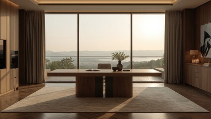Wall Mural - elegant upper section with window backdrop, abstract design, office setting, wooden elements, kitche