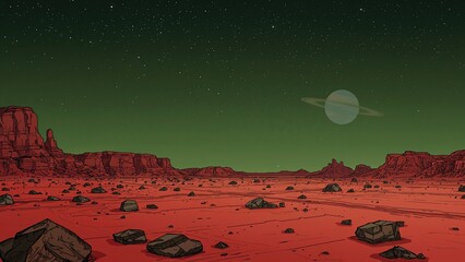 Wall Mural - Crimson barren landscape with hills, a glowing ringed planet and twinkling stars in an emerald sky; alien world scene, otherworldly backdrop. Animated depiction of a foreign planet environment for