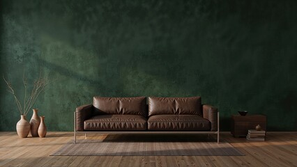 Wall Mural - spacious light-filled area with leather furniture and decorations positioned against a plain dark gr