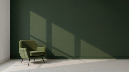Wall Mural - dark-themed interior wall mockup featuring a green armchair against a matching green backdrop