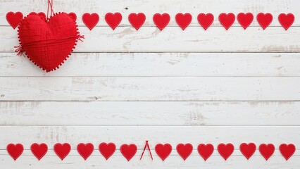 Wall Mural - rustic white wooden plank background decorated with diy sewn heart cushions attached by red pins. va