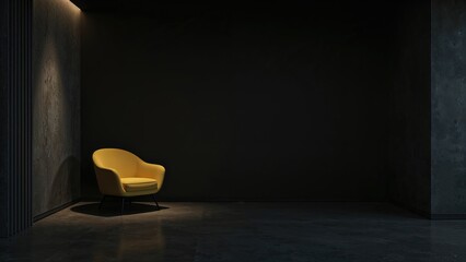 Wall Mural - rendering of a black wall interior with a yellow armchair in a moody dark setting