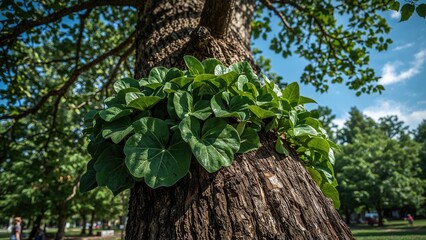 Wall Mural - broad green plant leaves attached to a tree trunk in a shared outdoor park. leafy green background.