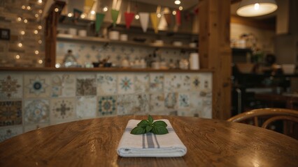 Wall Mural - decorative wooden table with blue and white napkin in a street setting