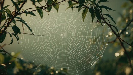 Close-up view of a spider web blending with its natural environment
