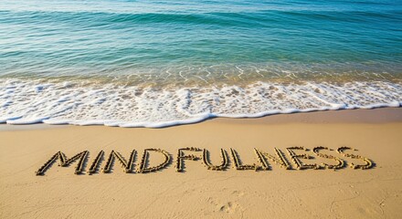 Wall Mural - Mindfulness message on sandy beach, ocean waves washing over the word. Conceptual image for peace and meditation.