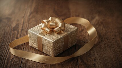 Wall Mural - wooden table featuring a gift package adorned with a metallic gold bow