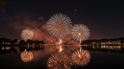 Wall Mural - Nighttime fireworks reflecting on a serene lake in a park setting for festive design and celebration