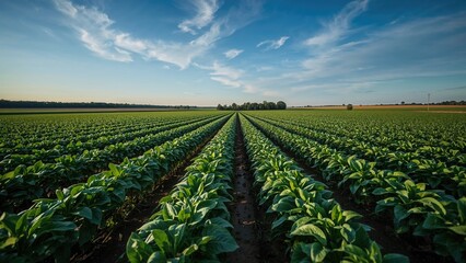 Wall Mural - Evening sunlight illuminating a ground-level perspective of a peanut field in a pastoral setting, commercial agriculture