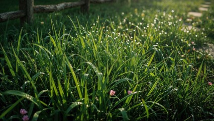 Wall Mural - In a serene garden, fresh green grass shines with early morning moisture.