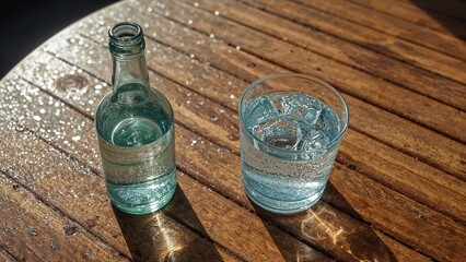 Wall Mural - sunlight glistens on water in the distance, while a cold glass and open bottle sit atop a wooden tab