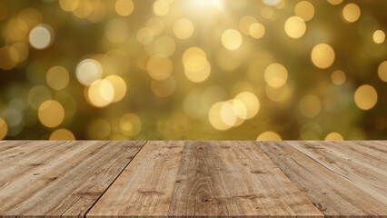 Wall Mural - wooden surface with sparkling golden lights in the background and empty space for your message. idea