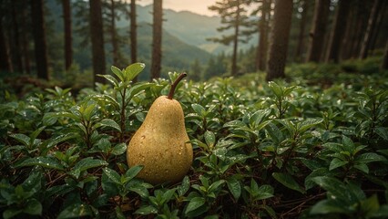 Canvas Print - a single pear nestled in the woods, surrounded by picturesque mountain slopes.