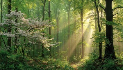  Sunbeams pierce a misty forest, dappled with blossoms