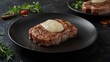© vxnaghiyev - Sliced pork steak with rind presented on a black platter against a black backdrop