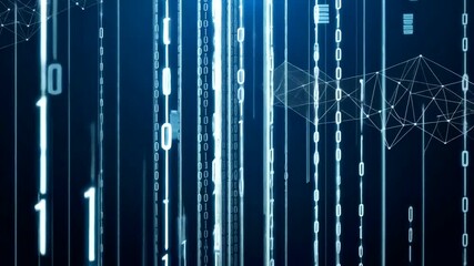Futuristic digital data stream with binary code and plexus network animation concept