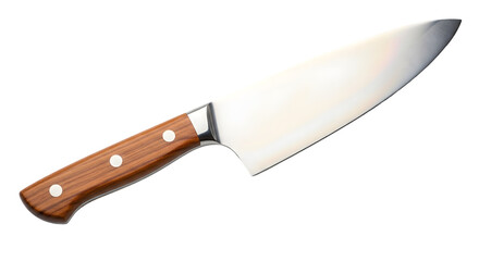 A sharp chefs knife with a wooden handle, isolated on a transparent background