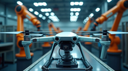 Drone manufacturing with robotic arms in smart factory, high tech industrial automation background