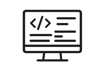 Computer screen with coding symbols and lines, vector illustration of programming and software development on transparent background, tech and digital coding concept