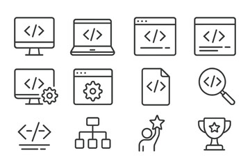 Web development coding icons set. Line style design. Website programming, software development tools, code review, script file, site optimization, user feedback, star rating, satisfaction management.