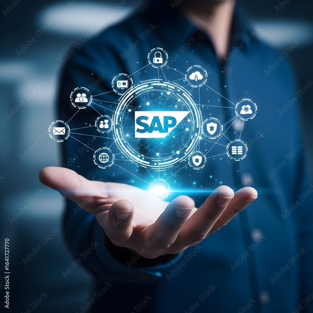 Businessman holding a glowing digital globe with sap logo and ...