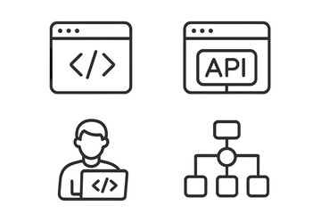 Set of 4 Line Style Web Development Icons, Includes Code, API, Programmer Coding, App Flow, Node Connect, Bug Fix, Developer Tools for Web and Mobile Applications