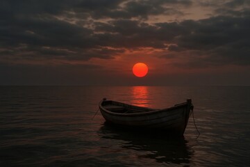 Wall Mural - a lone boat awaits the dawn of a new day at sea