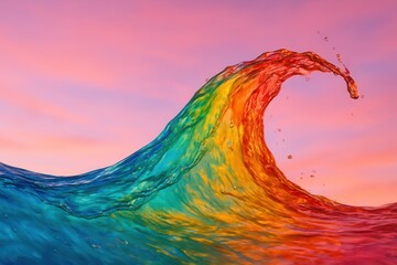 Wall Mural - a vibrant, colorful wave breaks over a serene pink sky at sunset