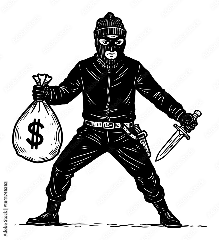 Masked Burglar Holding Money Bag and Dagger in Aggressive Pose Black ...