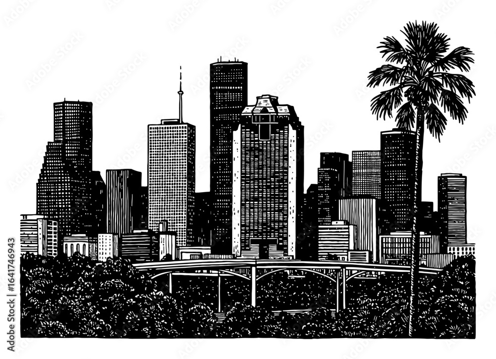 Houston Draw Houston City Skyline Texas State Palm Tree Black and White Outline Line ...