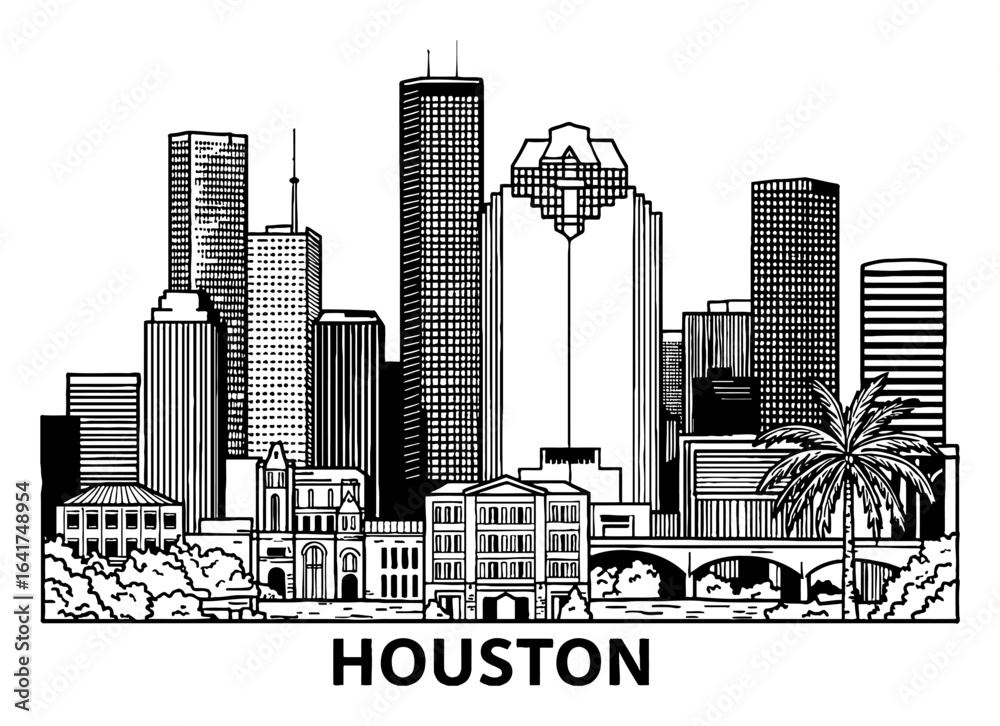 Houston Draw Houston Texas State City Skyline with Palm Tree and Word Text Black and ...